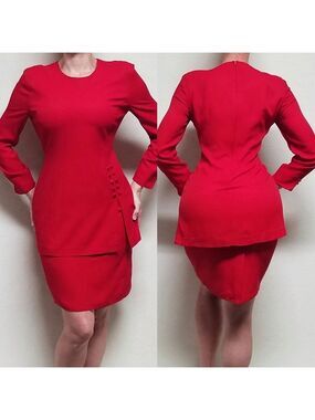 70s Vintage ILGWU Dani Max Red Mod Lipstick Red Long Sleeve Layered Sheath Dress